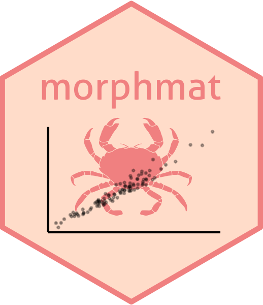 A peach-colored hexagon with the word morphmat above the outline of a crab placed inside a scatter plot.